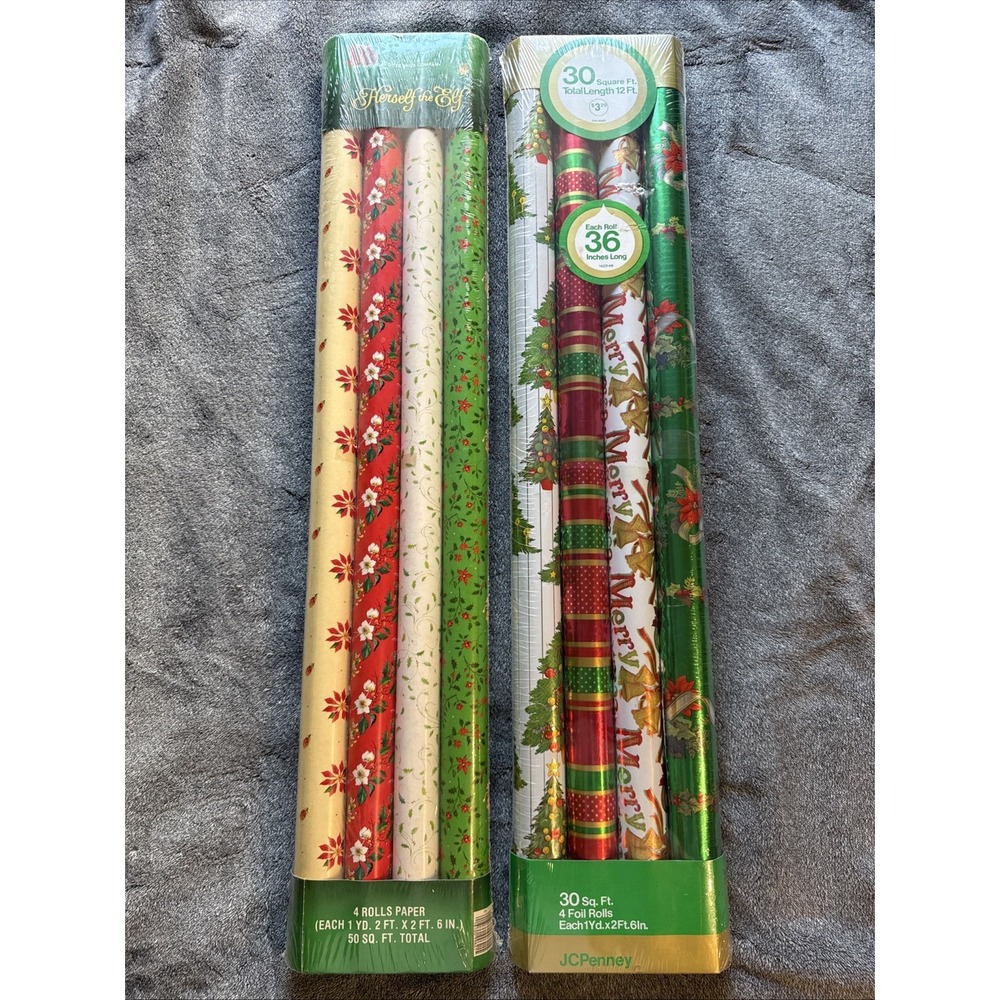 Vintage JC Penney Christmas Gift Wrap 8 Rolls New Old Stock 80 sq. ft.